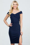 Off the shoulder cross front solid scuba crepe side slit pencil dress.