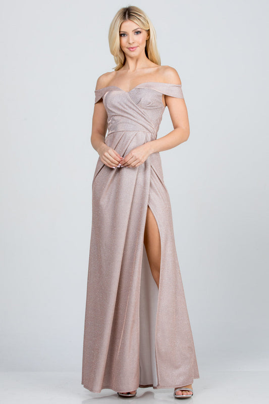 Off the shoulder glittery jacquard gathered gown with open side