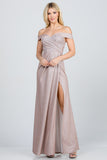 Off the shoulder glittery jacquard gathered gown with open side
