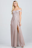 Off the shoulder glittery jacquard gathered gown with open side