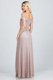 Off the shoulder glittery jacquard gathered gown with open side