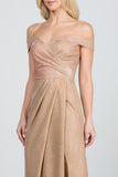 Off the shoulder glittery jacquard gathered gown with open side