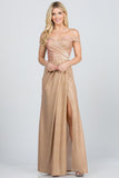 Off the shoulder glittery jacquard gathered gown with open side