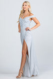 Off the shoulder glittery jacquard gathered gown with open side