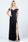 Off the shoulder glittery jacquard gathered gown with open side