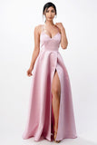 Open side back spaghetti zig zag tie stretch satin gown.