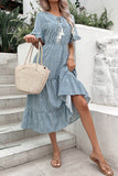 Perfee Printed Tassel Tie Flounce Sleeve Dress - Rosa Apparel