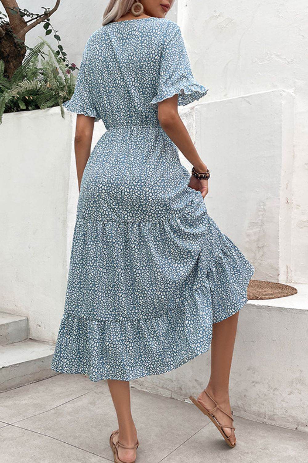 Perfee Printed Tassel Tie Flounce Sleeve Dress - Rosa Apparel