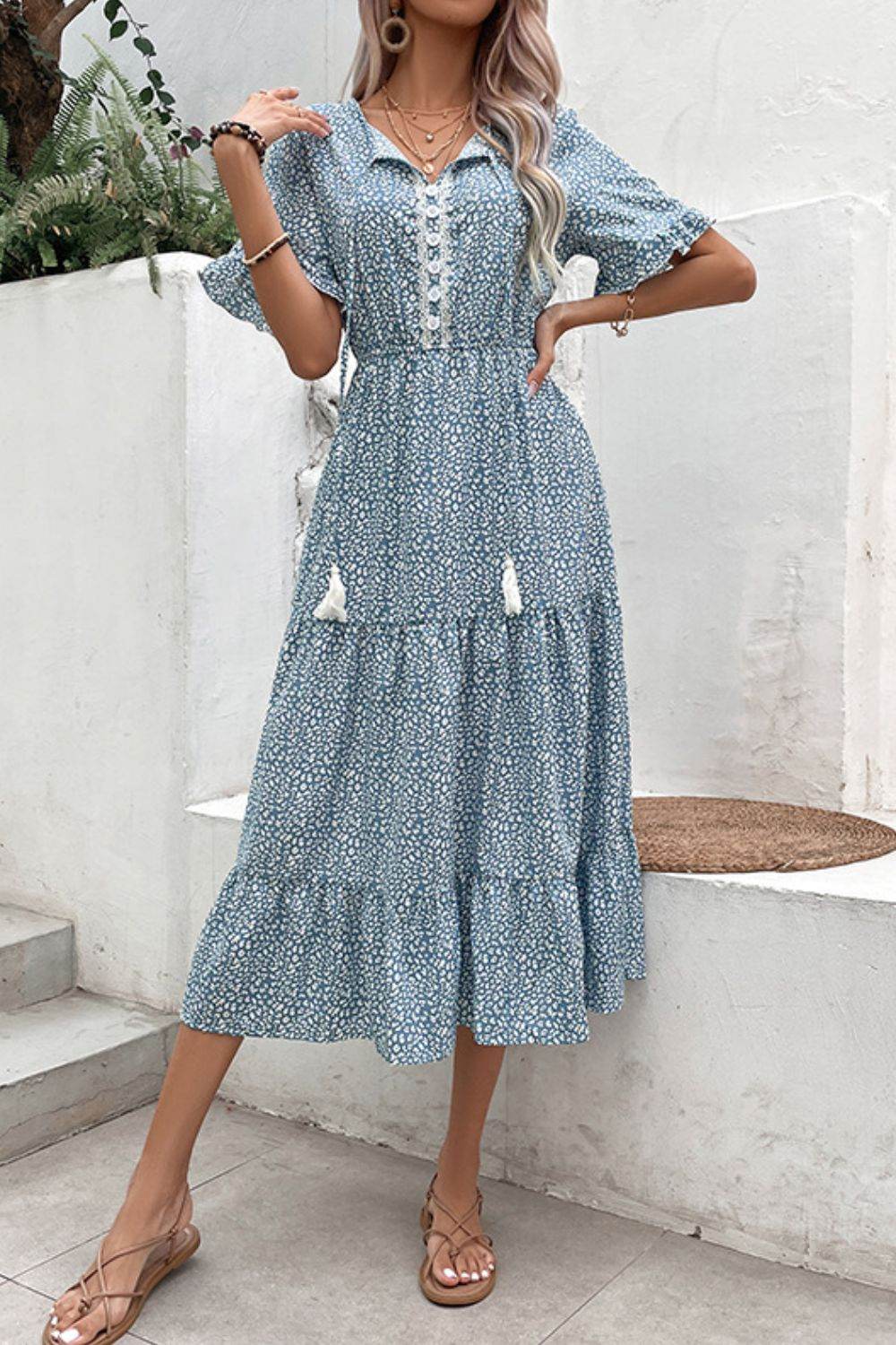 Perfee Printed Tassel Tie Flounce Sleeve Dress - Rosa Apparel
