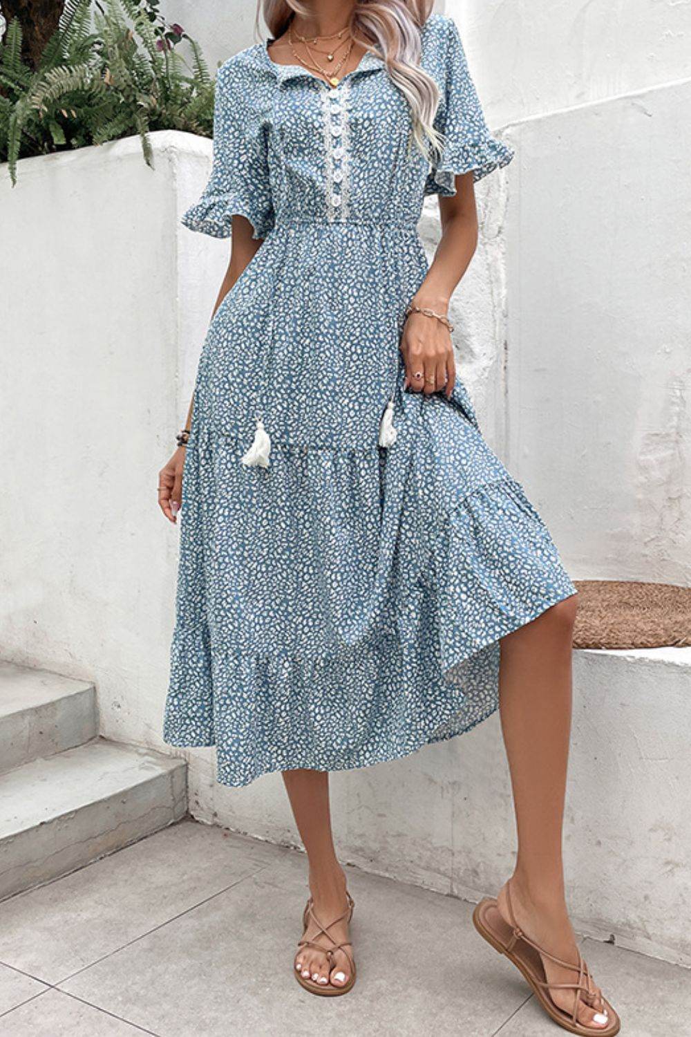 Perfee Printed Tassel Tie Flounce Sleeve Dress - Rosa Apparel