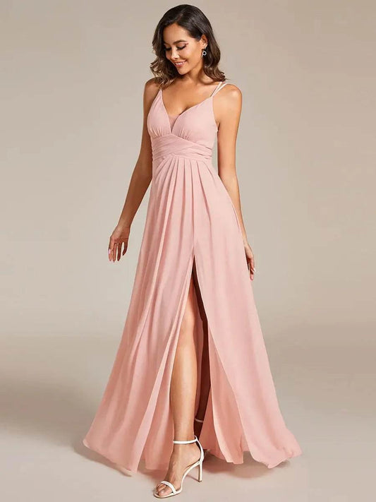 Plunging Neck X-Cross Back Split Spaghetti Strap Bridesmaid Dress – Rosa Apparel - Rosa Apparel