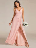 Plunging Neck X-Cross Back Split Spaghetti Strap Bridesmaid Dress – Rosa Apparel - Rosa Apparel
