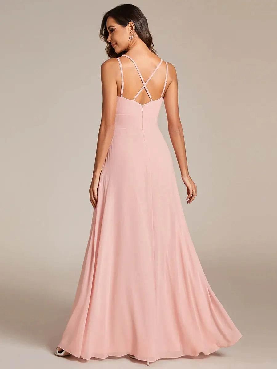 Plunging Neck X-Cross Back Split Spaghetti Strap Bridesmaid Dress – Rosa Apparel - Rosa Apparel