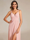 Plunging Neck X-Cross Back Split Spaghetti Strap Bridesmaid Dress – Rosa Apparel - Rosa Apparel