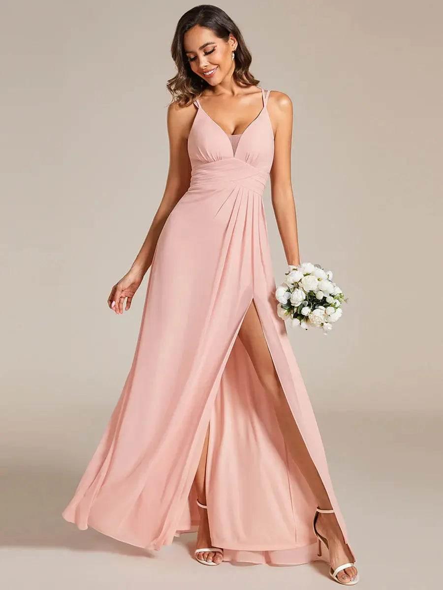 Plunging Neck X-Cross Back Split Spaghetti Strap Bridesmaid Dress – Rosa Apparel - Rosa Apparel