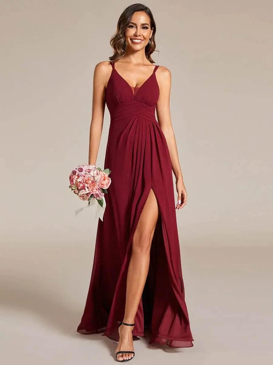 Plunging Neck X-Cross Back Split Spaghetti Strap Bridesmaid Dress – Rosa Apparel - Rosa Apparel