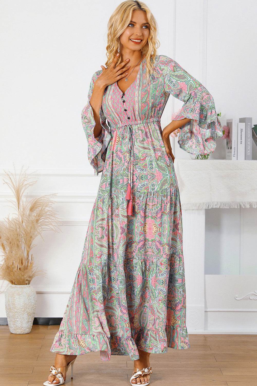 Printed Tassel Tie V-Neck Tiered Dress - Rosa Apparel