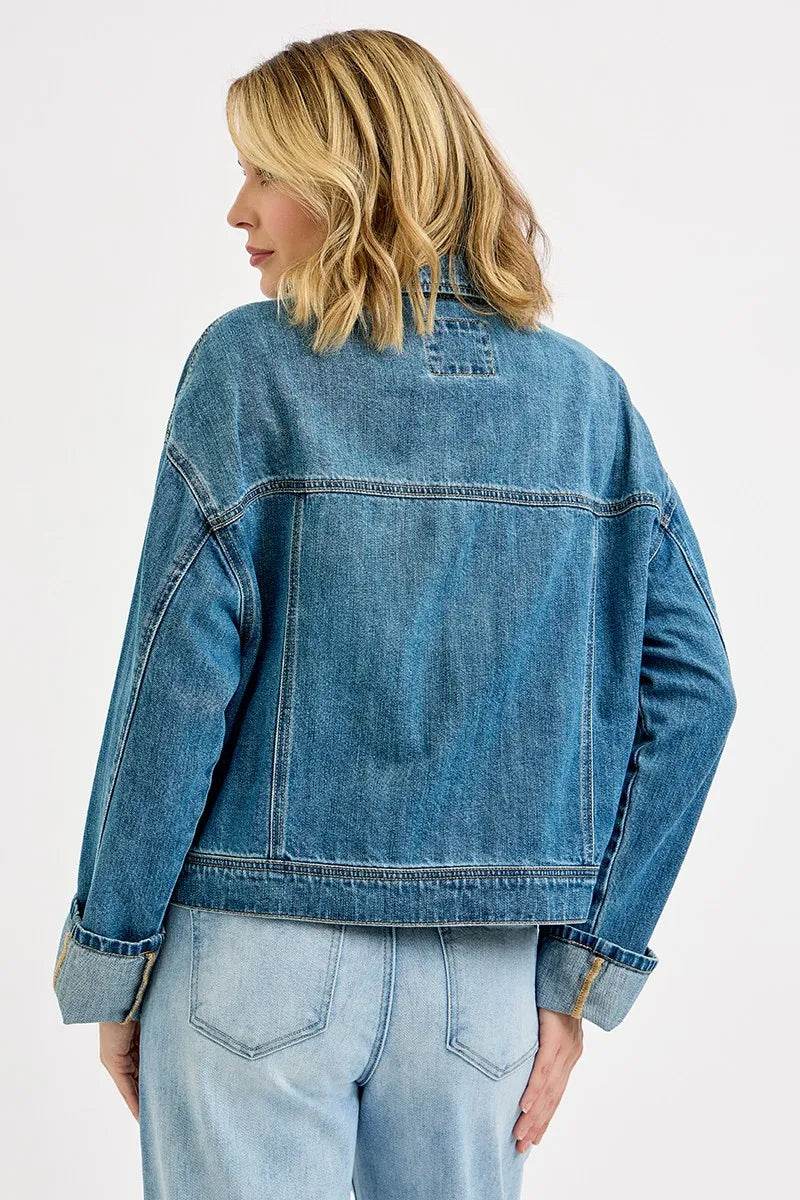 RISEN Oversized Cargo Pocket Denim Jacket with Cuffed Sleeves - Rosa Apparel
