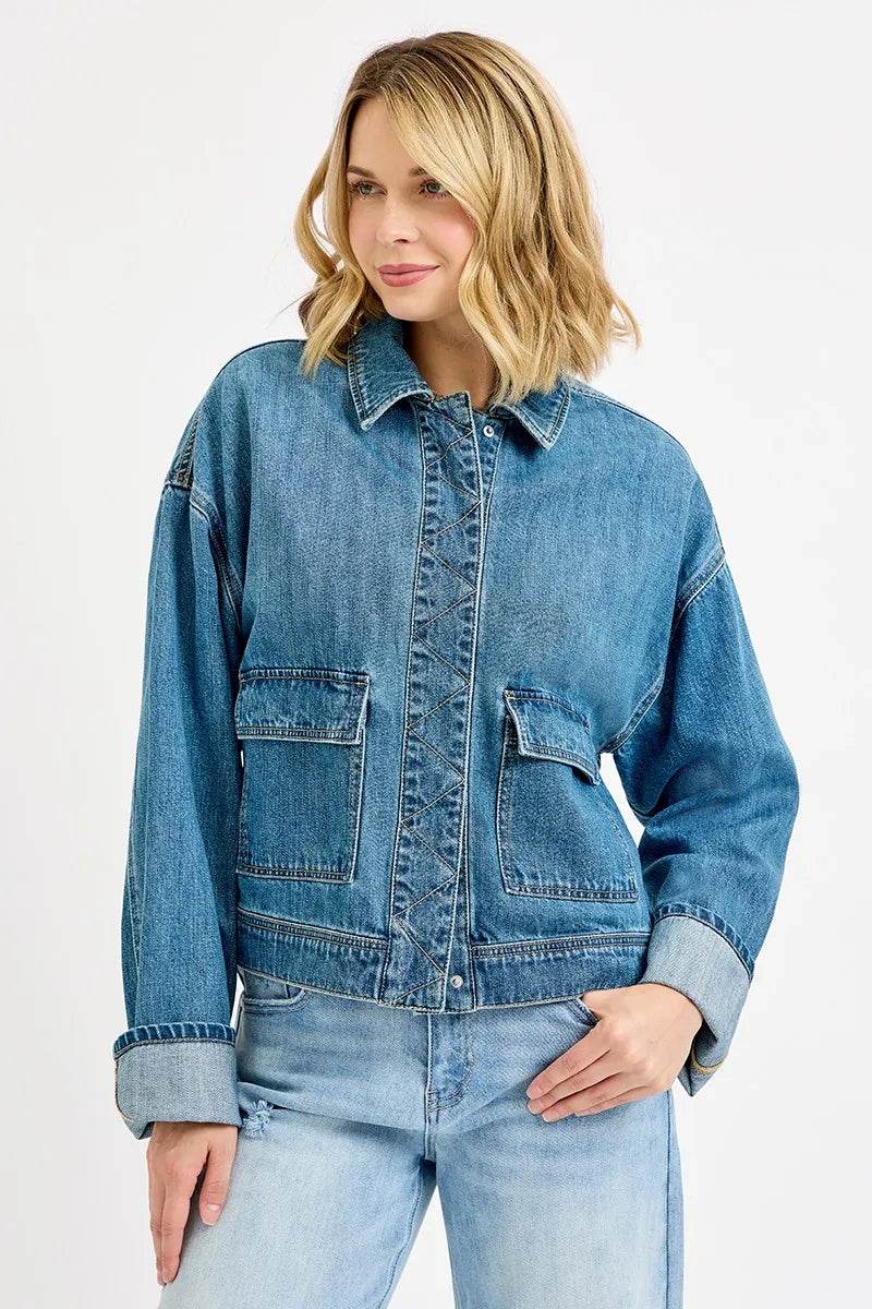 RISEN Oversized Cargo Pocket Denim Jacket with Cuffed Sleeves - Rosa Apparel