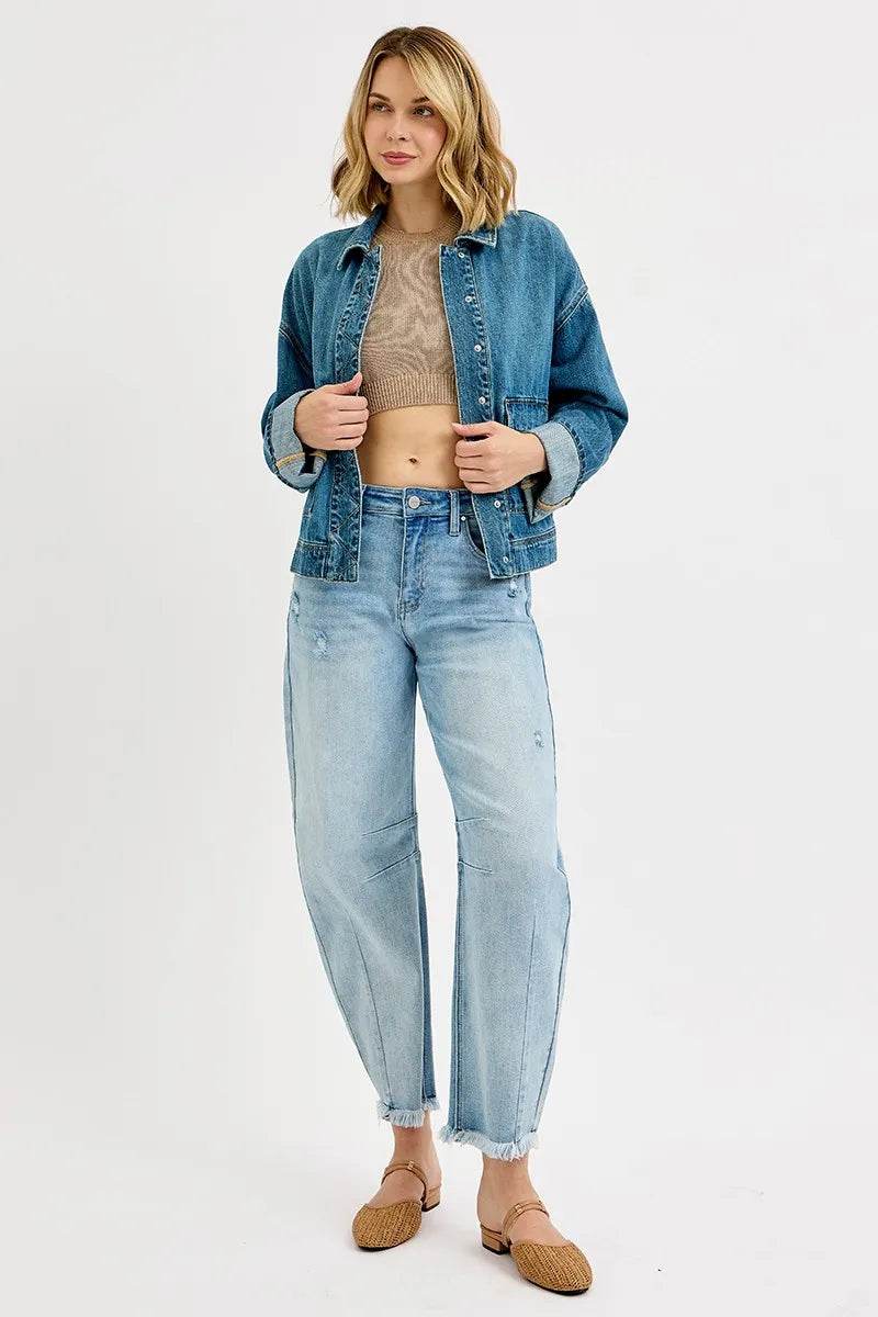 RISEN Oversized Cargo Pocket Denim Jacket with Cuffed Sleeves - Rosa Apparel