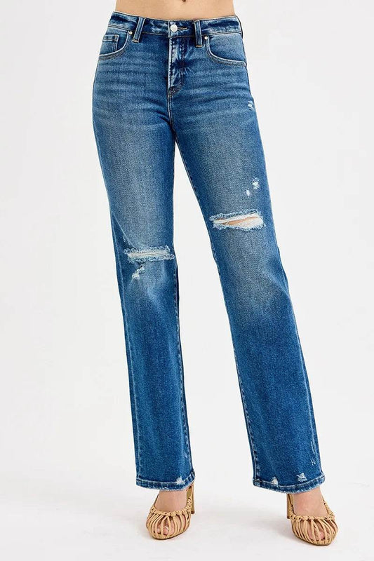 RISEN Full Size Tummy Control High Rise Straight Distressed Jeans Plus Size - Rosa Apparel