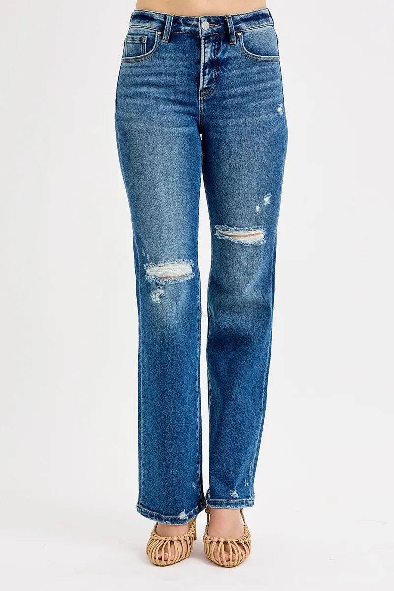 RISEN Full Size Tummy Control High Rise Straight Distressed Jeans Plus Size - Rosa Apparel