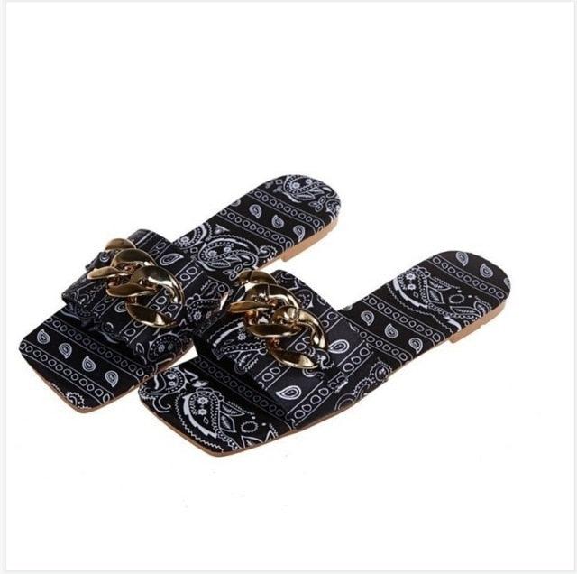 STEVVEX Gold Chain Square Toe Flat Slide Sandals ST85SH1104OIP