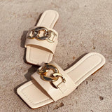STEVVEX Gold Chain Square Toe Flat Slide Sandals ST85SH1104OIP