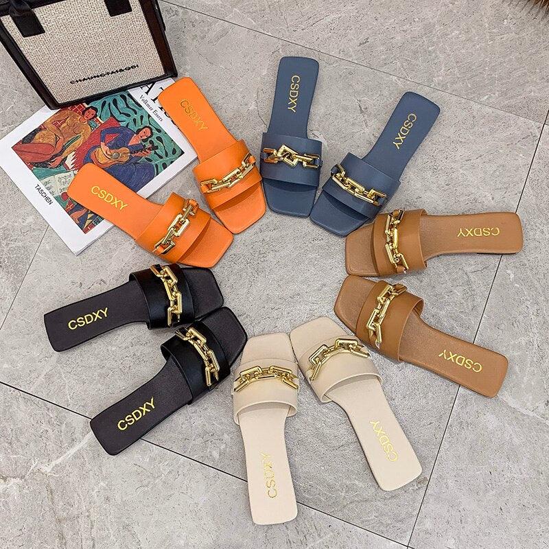 STEVVEX Gold Chain Square Toe Slide Sandals ST85SH2228RGI