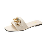 STEVVEX Gold Chain Square Toe Slide Sandals ST85SH2228RGI