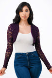 Sequence Lace, draped neckline, long sleeve, open front, cropped jacket. Lace shrug Evening bolero
