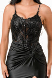 Sequin lace satin front twist long dress