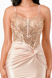 Sequin lace satin front twist long dress