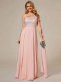 Shiny Sequin Chiffon One Shoulder Sleeveless Dresses - Rosa Apparel