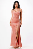 Sparkling knit jacquard side gather spaghetti strap mermaid gown with side slit