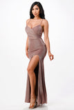 Sparkling knit jacquard side gather spaghetti strap mermaid gown with side slit