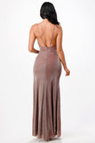 Sparkling knit jacquard side gather spaghetti strap mermaid gown with side slit