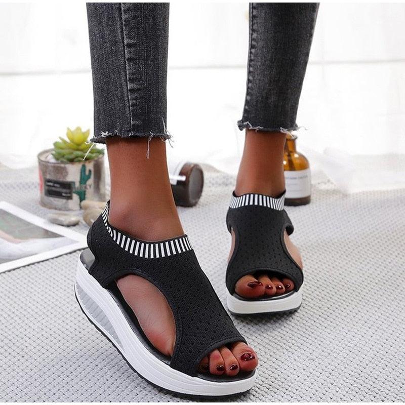 Stevvex Women's Elastic Strap Open Toe Platform Sandals ST85SH0451QWE