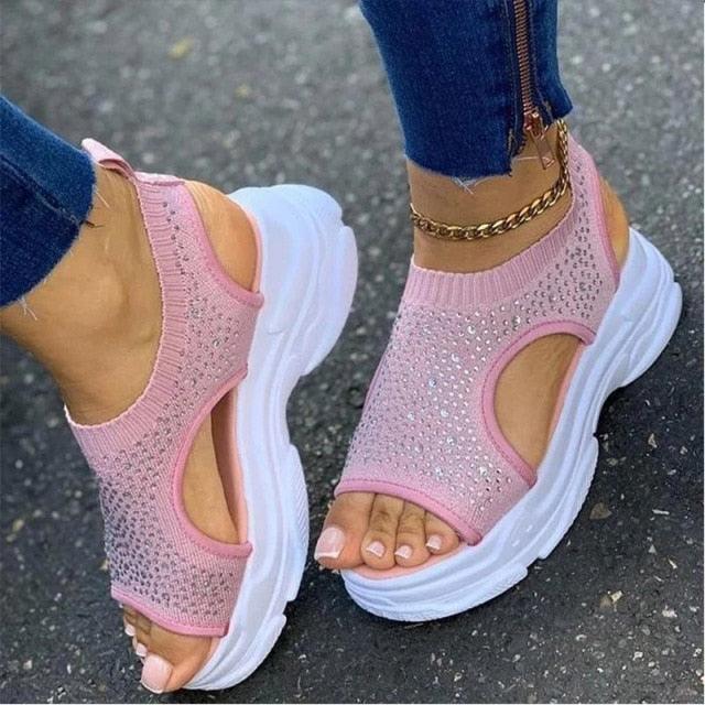 Stevvex Women's Elastic Strap Open Toe Platform Sandals ST85SH0451QWE