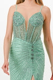Sunburst Crystal beaded Vneck corset mermaid dress