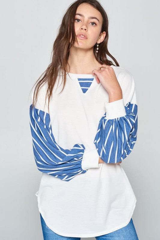 Super Lady Full Size French Terry Striped Long Sleeve Top - Rosa Apparel
