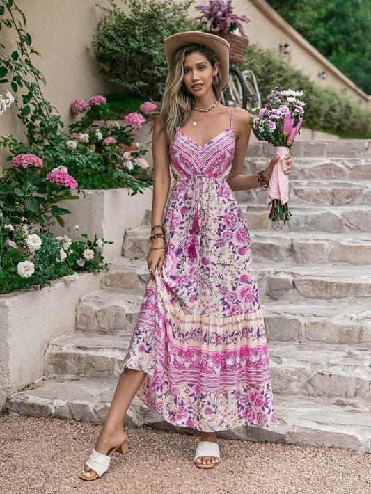Tassel Printed V-Neck Maxi Dress - Rosa Apparel
