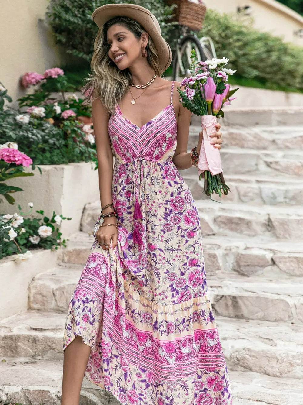 Tassel Printed V-Neck Maxi Dress - Rosa Apparel