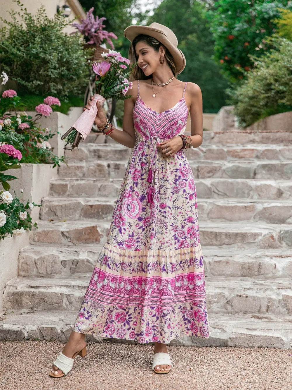 Tassel Printed V-Neck Maxi Dress - Rosa Apparel