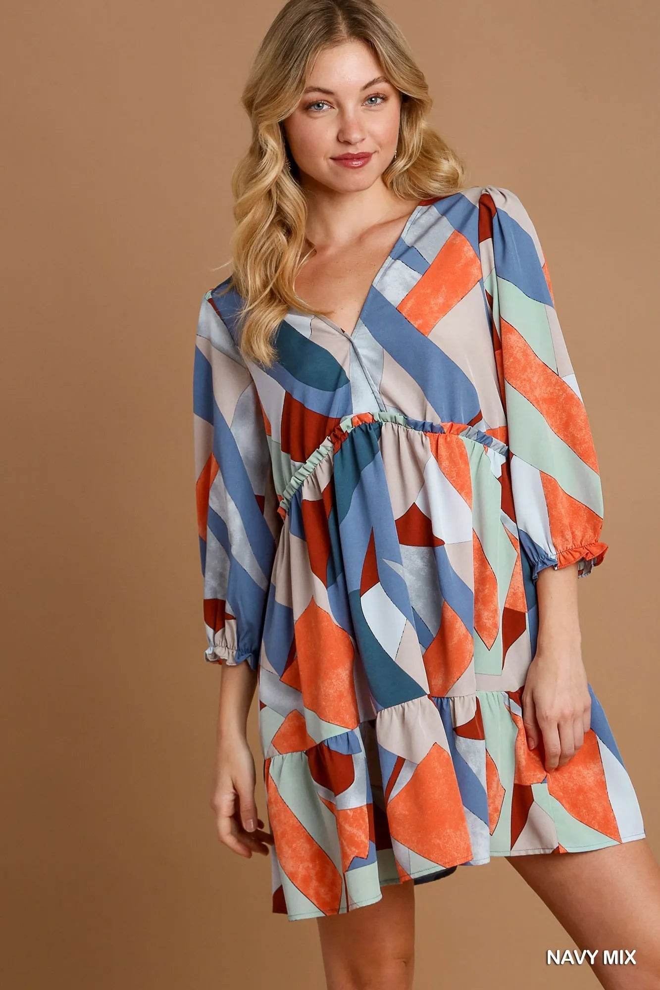 Umgee Abstract V-Neck Tiered Printed Dress - Rosa Apparel