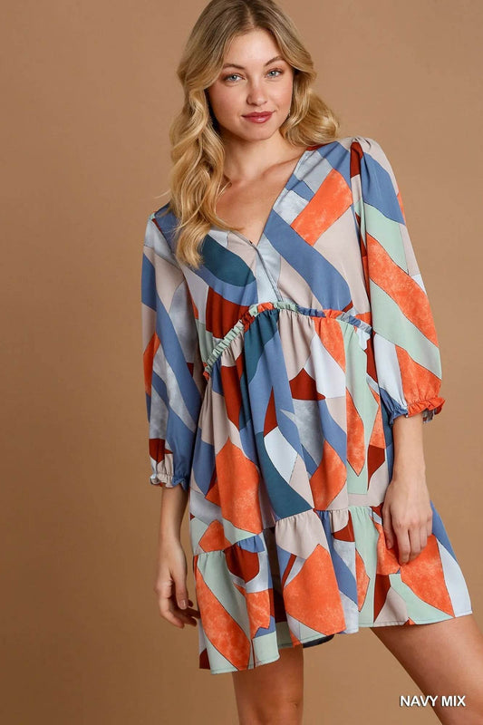 Umgee Abstract V-Neck Tiered Printed Dress - Rosa Apparel