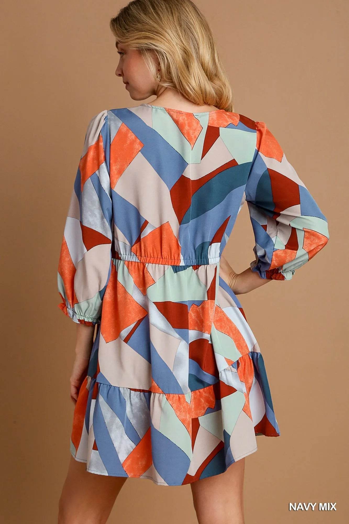 Umgee Abstract V-Neck Tiered Printed Dress - Rosa Apparel