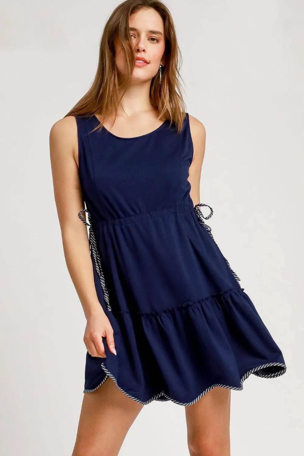Umgee Frill Drawstring Waist Round Neck Mini Tank Dress - Rosa Apparel