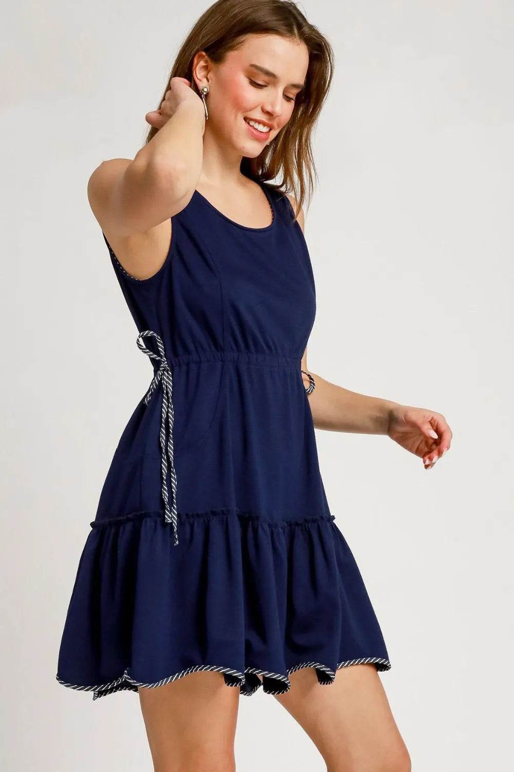 Umgee Frill Drawstring Waist Round Neck Mini Tank Dress - Rosa Apparel