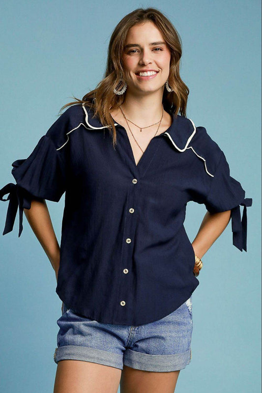 Umgee Full Size Embroidered Detail Button Down Shirt Plus Size - Rosa Apparel